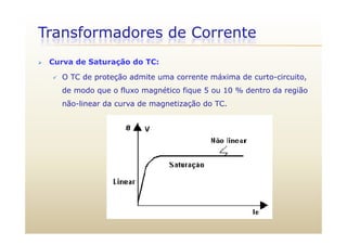 Transformadores de Corrente
 Curva de Saturação do TC:
 O TC de proteção admite uma corrente máxima de curto-circuito,
de modo que o fluxo magnético fique 5 ou 10 % dentro da região
não-linear da curva de magnetização do TC.
 
