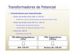 Transformadores de Potencial
 Características para Especificação:
 Níveis de tensão entre 600 V e 69 kV:
 Predomina o uso de Transformadores de Potencial Indutivo (TPI).
 Níveis de tensão entre 69 kV e 138 kV
 Transformador de Potencial Indutivo;
 Transformador de Potencial Capacitivo (TPC).
 Acima de 138 kV
 Predomina o uso de TPC.
 