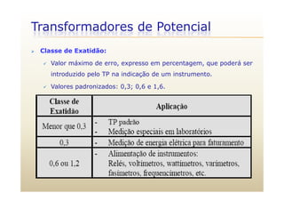 Transformadores de Potencial
 Classe de Exatidão:
 Valor máximo de erro, expresso em percentagem, que poderá ser
introduzido pelo TP na indicação de um instrumento.
 Valores padronizados: 0,3; 0,6 e 1,6.
 