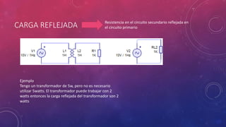 CARGA REFLEJADA
Ejemplo
Tengo un transformador de 5w, pero no es necesario
utilizar 5watts. El transformador puede trabajar con 2
watts entonces la carga reflejada del transformador son 2
watts
Resistencia en el circuito secundario reflejada en
el circuito primario
 