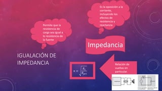 IGUALACIÓN DE
IMPEDANCIA
Es la oposición a la
corriente,
incluyendo los
efectos de
resistencia y
reactancia
𝑛 =
𝑅 𝐿
𝑅 𝑝𝑟𝑖
Relación de
vueltas en
particular.
Permite que la
resistencia de
carga sea igual a
lo resistencia de
la fuente
Impedancia
 