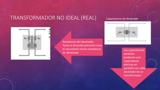 TRANSFORMADOR NO IDEAL (REAL)
Resistencia del devanado.
Tanto el devando primario como
el secundario tienen resistencia
de devanado
Capacitancia de devanado
Las capacitancias
parasitas
producen una
capacitancia
efectiva en
paralelo con cada
devanado de un
transformador
 