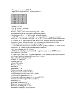 .-Clase de aislamiento de 15KVA.
.-Impedancia: según capacidad del transformador.
Tolerancia: ±7.5%
.-Tipo de núcleo: 5 columnas.
.-Tipo de conexión:
Primario: estrella con el terminal común puesto a tierra.
Secundario: estrella con el terminal común puesto a tierra.
.-Derivaciones: ±2.5% y ±5% del voltaje nominal primario.
.-Los fusibles deberán estar coordinados entre si para brindar el rango completo de
protección. El fusible limitador operará solo en caso de fallas internas en el transformador.
.-La cubierta de los transformadores tipo pedestal está integrada por un módulo donde se
encuentra el tanque del transformador y el otro módulo donde de encuentran las
conexiones, los cuales formarán un conjunto integrado.
.-La unidad no presentará bordes, salientes ni aristas agudas o cortantes. No tendrá tuercas
ni elementos de fijación que sean removibles externamente.
.-Será construida a prueba de intrusos.
.-El fabricante deberá presentar certificados de pruebas de la menos del 10% de los
transformadores a adquirir.
.- La placa característica será metálica e inoxidable fijada al fondo del compartimiento de
conexiones. Tendrá la siguiente información en español:
-Tipo de transformador(pedestal)
-Nombre del fabricante.
-Número de serial.
-Año de fabricación.
-Número de fases.
-Frecuencia.
-Capacidad (KVA).
-Voltaje nominal primario(Voltios).
-Voltaje nominal secundario(Voltios).
-Voltaje nominal en cada derivación (Voltios).
-Nivel básico de aislamiento-BIL(KV)
-Aumento promedio de temperatura en devanados(˚C).
-Temperatura ambiente promedio diaria (40˚C).
-Impedancia (%)
-Peso total aproximado (Kg)
-Diagrama de conexión (Unifilar)
-Identificación del líquido aislante.
-Litros aproximados del líquido aislante.
 