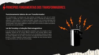 Princípios Fundamentais dos Transformadores:
Um transformador é composto por duas bobinas enroladas em torno de um núcleo
magnético. A bobina de onde a corrente elétrica entra é chamada de bobina primária,
enquanto a outra bobina é a bobina secundária. Quando uma corrente alternada (CA)
passa pela bobina primária, ela gera um campo magnético variável ao redor do núcleo do
transformador. Esse campo magnético variável induz uma corrente na bobina secundária,
de acordo com a Lei de Faraday.
Funcionamento básico de um Transformador:
Lei de Faraday e Indução Eletromagnética:
A Lei de Faraday da indução eletromagnética estabelece que uma variação no fluxo
magnético através de um circuito elétrico induzirá uma corrente elétrica nesse
circuito. Quando uma corrente elétrica varia em um enrolamento (bobina), ela gera
um campo magnético ao seu redor. Se houver uma segunda bobina próxima a essa
primeira, o campo magnético variável causará a indução de uma corrente elétrica
na segunda bobina, por meio da Lei de Faraday.
 