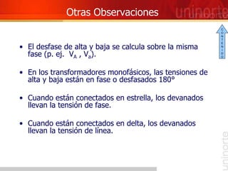Otras Observaciones
• El desfase de alta y baja se calcula sobre la misma
fase (p. ej. VA , Va).
• En los transformadores monofásicos, las tensiones de
alta y baja están en fase o desfasados 180°
• Cuando están conectados en estrella, los devanados
llevan la tensión de fase.
• Cuando están conectados en delta, los devanados
llevan la tensión de línea.
C
O
N
T
E
N
I
D
O
 