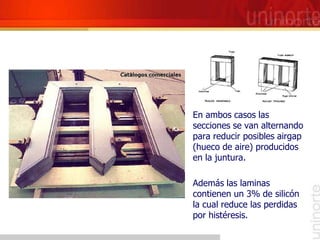 En ambos casos las
secciones se van alternando
para reducir posibles airgap
(hueco de aire) producidos
en la juntura.
Además las laminas
contienen un 3% de silicón
la cual reduce las perdidas
por histéresis.
 