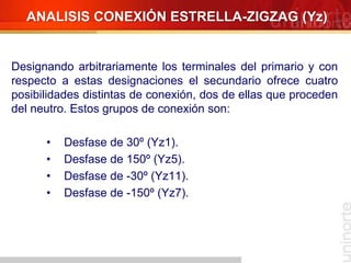 Designando arbitrariamente los terminales del primario y con
respecto a estas designaciones el secundario ofrece cuatro
posibilidades distintas de conexión, dos de ellas que proceden
del neutro. Estos grupos de conexión son:
• Desfase de 30º (Yz1).
• Desfase de 150º (Yz5).
• Desfase de -30º (Yz11).
• Desfase de -150º (Yz7).
ANALISIS CONEXIÓN ESTRELLA-ZIGZAG (Yz)
 