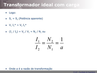 Transformador ideal com carga Logo: S 1  = S 2  (Potência aparente) V 1  I 1 *  = V 2  I 2 * (I 1  / I 2 ) = V 2  / V 1  = N 2  / N 1  ou Onde a é a razão de transformação 