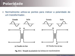 Polaridade Normalmente utiliza-se pontos para indicar a polaridade de um transformador. 