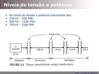Níveis de tensão e potência Os níveis de tensão e potência transmitida são: 230 kV – 200 MW; 500 kV – 1200 MW; 750 kV - 2200 MW. 