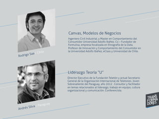 Rodrigo Saa / Chile
Ingeniero Civil Industrial, y Master en Comportamiento del
Consumidor Universidad Adolfo Ibáñez. Co – Fundador de
Formulisa, empresa focalizada en Etnografía de la Data.
Profesor de Innovación y Comportamiento del Consumidor en
la Universidad Adolfo Ibáñez, eClass y Universidad de Chile.
Canvas, Modelos de Negocios
Director Ejecutivo de la Fundación Teletón y actual Secretario
General de la Organización Internacional de Teletones. Joven
Sobresaliente del Paraguay, año 2012 . Consultor y facilitador
en temas relacionados al liderazgo, trabajo en equipo, cultura
organizacional y comunicación. Conferencista.
 
Liderazgo Teoría “U”
Andrés Silva / Paraguay
 