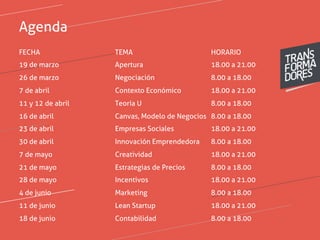 Agenda 
FECHA TEMA HORARIO 
19 de marzo Apertura 18.00 a 21.00 
26 de marzo Negociación 8.00 a 18.00 
7 de abril Contexto Económico 18.00 a 21.00 
11 y 12 de abril Teoría U 8.00 a 18.00 
16 de abril Canvas, Modelo de Negocios 8.00 a 18.00 
23 de abril Empresas Sociales 18.00 a 21.00 
30 de abril Innovación Emprendedora 8.00 a 18.00 
7 de mayo Creatividad 18.00 a 21.00 
21 de mayo Estrategias de Precios 8.00 a 18.00 
28 de mayo Incentivos 18.00 a 21.00 
4 de junio Marketing 8.00 a 18.00 
11 de junio Lean Startup 18.00 a 21.00 
18 de junio Contabilidad 8.00 a 18.00 
 