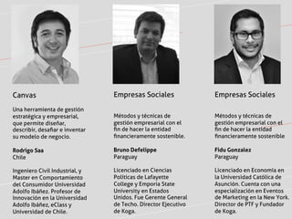 Empresas Sociales 
Métodos y técnicas de 
gestión empresarial con el 
fin de hacer la entidad 
financieramente sostenible. 
Bruno Defelippe 
Paraguay 
Licenciado en Ciencias 
Políticas de Lafayette 
College y Emporia State 
University en Estados 
Unidos. Fue Gerente General 
de Techo. Director Ejecutivo 
de Koga. 
Empresas Sociales 
Métodos y técnicas de 
gestión empresarial con el 
fin de hacer la entidad 
financieramente sostenible 
Fidu Gonzalez 
Paraguay 
Licenciado en Economía en 
la Universidad Católica de 
Asunción. Cuenta con una 
especialización en Eventos 
de Marketing en la New York. 
Director de PTF y Fundador 
de Koga. 
Canvas 
Una herramienta de gestión 
estratégica y empresarial, 
que permite diseñar, 
describir, desafiar e inventar 
su modelo de negocio. 
Rodrigo Saa 
Chile 
Ingeniero Civil Industrial, y 
Master en Comportamiento 
del Consumidor Universidad 
Adolfo Ibáñez. Profesor de 
Innovación en la Universidad 
Adolfo Ibáñez, eClass y 
Universidad de Chile. 
 