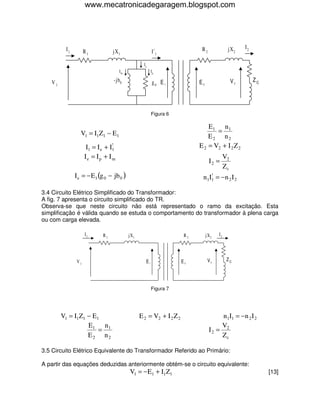 www.mecatronicadegaragem.blogspot.com




         I1                                                                 R2               j X2     I2
                   R1           j X1                    I !1

                                                  Ie
                                    Im                  Ip

   V1                           -jb0                    g0 E1              E2                    V2        ZC




                                                        Figura 6

                                                                               E1 n 1
                V1 = I1Z1 − E1                                                    =
                                                                               E2 n2
                                !
                    I1 = I e + I1                                          E 2 = V2 + I 2 Z 2
                   Ie = Ip + I m                                                            V2
                                                                                  I2 =
                                                                                            Zc
              I e = − E1 (g 0 − jb 0 )                                          !
                                                                            n 1I1 = − n 2 I 2

3.4 Circuito Elétrico Simplificado do Transformador:
A fig. 7 apresenta o circuito simplificado do TR.
Observa-se que neste circuito não está representado o ramo da excitação. Esta
simplificação é válida quando se estuda o comportamento do transformador à plena carga
ou com carga elevada.

                   I1      R1            j X1                         R2        j X2   I2




              V1                                   E1                E2          V2          ZC




                                                        Figura 7




        V1 = I1Z1 − E1                          E 2 = V2 + I 2 Z 2                     n 1I1 = −n 2 I 2
                  E1 n 1                                                              V
                      =                                                           I2 = 2
                  E2 n2                                                               Zc

3.5 Circuito Elétrico Equivalente do Transformador Referido ao Primário:

A partir das equações deduzidas anteriormente obtém-se o circuito equivalente:
                                         V1 = −E1 + I1Z1                                                        [13]
 