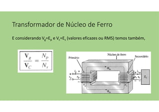 Transformador de Núcleo de Ferro
E considerando Vg=Ep e Vc=Es (valores eficazes ou RMS) temos também,
 