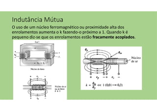 Indutância Mútua
O uso de um núcleo ferromagnético ou proximidade alta dos
enrolamentos aumenta o k fazendo-o próximo a 1. Quando k é
pequeno diz-se que os enrolamentos estão fracamente acoplados.
 