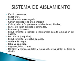    Cartón prensado.
   Papel kraft.
   Papel manila o corrugado.
   Cartón prensado de alta densidad.
   Collares de catón prensado y aislamientos finales.
   Partes de catón prensado laminados.
   Esmaltes y barnices.
   Recubrimientos orgánicos e inorgánicos para la laminación del
    núcleo.
   Porcelanas (boquillas).
   Recubrimientos de polvo epóxico.
   Madera de maple.
   Fibra vulcanizada.
   Algodón, hilos, cintas.
   Plásticos y cementos, telas y cintas adhesivas, cintas de fibra de
    vidrio.
 