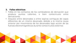 24
2. Fallas eléctricas
• Fallas en los contactos de los cambiadores de derivación que
produce puntos calientes, o bien cortocircuito entre
derivaciones
• Arqueos entre devanados o entre espiras contiguas de capas
diferentes de un mismo devanado, debido a la misma causa
anterior por movimiento de los devanados bajo acción de las
fuerzas electromagnéticas durante cortocircuitos externos
 