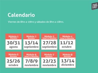 Calendario
Viernes de 8hrs a 19hrs y sábados de 8hrs a 18hrs.
30/31
agosto
13/14
septiembre
27/28
septiembre
11/12
octubre
25/26
octubre
7/8/9
noviembre
22/23
noviembre
13/14
diciembre
Sheraton Sheraton Hotel Le Moustier Hotel Le Moustier
Sheraton Hotel Le Moustier Sheraton Sheraton
 
