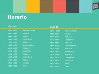 Horario
Viernes
08:00 08:30 Welcome Coffee
08:30 08:40 Apertura
08:40 10:40 Módulo 1
10:40 11:00 Coffee Break
11:00 13:00 Módulo 2
13:00 14:30 Almuerzo Libre
14:30 15:50 Módulo 3
15:50 16:10 Break Físico
16:10 16:50 Modulo 4
16:50 17:10 Coffee Break
17:10 18:10 Módulo 5
18:10 18:50 Invitado
18:50 19:00 Cierre
Sábado
08:00 08:30 Welcome Coffee
08:30 08:40 Apertura
08:40 10:40 Módulo 6
10:40 11:00 Coffee Break
11:00 13:00 Módulo 7
13:00 14:30 Almuerzo Libre
14:30 15:50 Módulo 8
15:50 16:10 Break Físico
16:10 16:50 Modulo 9
16:50 17:10 Coffee Break
17:10 18:10 Módulo 10
18:10 18:20 Video
18:20 18:30 Cierre
 