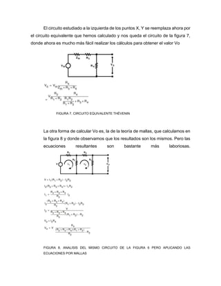 El circuito estudiado a la izquierda de los puntos X, Y se reemplaza ahora por
el circuito equivalente que hemos calculado y nos queda el circuito de la figura 7,
donde ahora es mucho más fácil realizar los cálculos para obtener el valor Vo
FIGURA 7. CIRCUITO EQUIVALENTE THÉVENIN
La otra forma de calcular Vo es, la de la teoría de mallas, que calculamos en
la figura 8 y donde observamos que los resultados son los mismos. Pero las
ecuaciones resultantes son bastante más laboriosas.
FIGURA 8. ANALISIS DEL MISMO CIRCUITO DE LA FIGURA 6 PERO APLICANDO LAS
ECUACIONES POR MALLAS
 