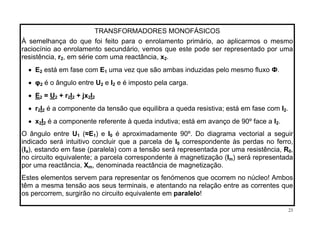 TRANSFORMADORES MONOFÁSICOS
À semelhança do que foi feito para o enrolamento primário, ao aplicarmos o mesmo
raciocínio ao enrolamento secundário, vemos que este pode ser representado por uma
resistência, r2, em série com uma reactância, x .2
está em fase com E uma vez que são ambas induzidas pelo mesmo fluxo Ф.• E2 1
• φ2 é o ângulo entre U e I e é imposto pela carga.2 2
E = U + r I + jx I• 2 2 2 2 2 2
• r2I é a componente da tensão que equilibra a queda resistiva; está em fase com I .2 2
• x2I é a componente referente à queda indutiva; está em avanço de 90º face a I .2 2
O ângulo entre U1 (≈E1) e I0 é aproximadamente 90º. Do diagrama vectorial a seguir
indicado será intuitivo concluir que a parcela de I0 correspondente às perdas no ferro,
(I ), estando em fase (paralela) com a tensão será representada por uma resistência, Ra 0,
no circuito equivalente; a parcela correspondente à magnetização (Im) será representada
por uma reactância, X , denominada reactância de magnetização.m
Estes elementos servem para representar os fenómenos que ocorrem no núcleo! Ambos
têm a mesma tensão aos seus terminais, e atentando na relação entre as correntes que
os percorrem, surgirão no circuito equivalente em paralelo!
23
 