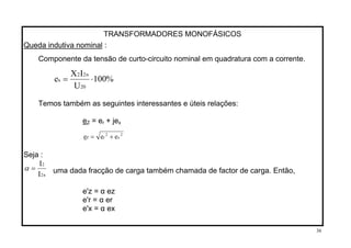 TRANSFORMADORES MONOFÁSICOS
Queda indutiva nominal :
Componente da tensão de curto-circuito nominal em quadratura com a corrente.
%100
U
IX
e
20
n22
x ⋅=
Temos também as seguintes interessantes e úteis relações:
eZ = e + jer x
2
x
2
rZ eee +=
Seja :
n2
2
I
I
=α uma dada fracção de carga também chamada de factor de carga. Então,
e'z = α ez
e'r = α er
e'x = α ex
36
 