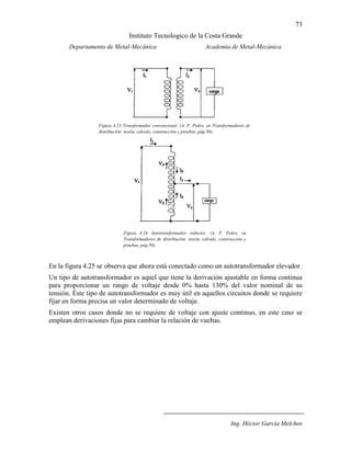 73
Instituto Tecnologico de la Costa Grande
Departamento de Metal-Mecánica Academia de Metal-Mecánica
Ing. Héctor García Melchor
En la figura 4.25 se observa que ahora está conectado como un autotransformador elevador.
Un tipo de autotransformador es aquel que tiene la derivación ajustable en forma continua
para proporcionar un rango de voltaje desde 0% hasta 130% del valor nominal de su
tensión. Éste tipo de autotransformador es muy útil en aquellos circuitos donde se requiere
fijar en forma precisa un valor determinado de voltaje.
Existen otros casos donde no se requiere de voltaje con ajuste continuo, en este caso se
emplean derivaciones fijas para cambiar la relación de vueltas.
Figura 4.23 Transformador convencional. (A. P. Pedro, en Transformadores de
distribución: teoría, cálculo, construcción y pruebas, pág.50).
(B.S. Gurú, “Transformers”, en Electric Machinery and transformers, pág.217).
Figura 4.24 Autotransformador reductor. (A. P. Pedro, en
Transformadores de distribución: teoría, cálculo, construcción y
pruebas, pág.50).
(B.S. Gurú, “Transformers”, en Electric Machinery and
transformers, pág.217).
 