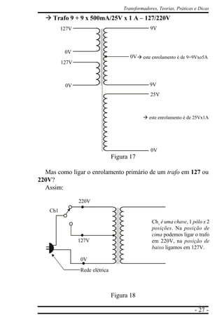 - 27 -
Transformadores, Teorias, Práticas e Dicas
à Trafo 9 + 9 x 500mA/25V x 1 A – 127/220V
Figura 17
Mas como ligar o enrolamento primário de um trafo em 127 ou
220V?
Assim:
Figura 18
à este enrolamento é de 9+9Vxo5A
à este enrolamento é de 25Vx1A
9V
9V
127V
0V
127V
0V
25V
0V
0V
Ch1
é uma chave, 1 pólo x 2
posições. Na posição de
cima podemos ligar o trafo
em 220V, na posição de
baixo ligamos em 127V.
127V
220V
0V
Rede elétrica
Ch1
 