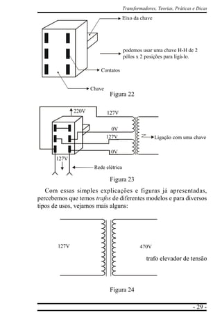 - 29 -
Transformadores, Teorias, Práticas e Dicas
Figura 22
Figura 23
Com essas simples explicações e figuras já apresentadas,
percebemos que temos trafos de diferentes modelos e para diversos
tipos de usos, vejamos mais alguns:
Figura 24
Eixo da chave
Contatos
Chave
podemos usar uma chave H-H de 2
pólos x 2 posições para ligá-lo.
220V 127V
0V
127V
0V
127V
Rede elétrica
Ligação com uma chave
trafo elevador de tensão
127V 470V
 