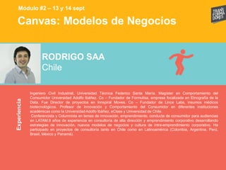 Canvas: Modelos de NegociosExperiencia
RODRIGO SAA
Chile
Ingeniero Civil Industrial, Universidad Técnica Federico Santa María. Magíster en Comportamiento del
Consumidor Universidad Adolfo Ibáñez. Co – Fundador de Formulisa, empresa focalizada en Etnografía de la
Data. Fue Director de proyectos en Innspiral Moves. Co – Fundador de Lince Labs, insumos médicos
biotecnológicos. Profesor de Innovación y Comportamiento del Consumidor en diferentes instituciones
académicas como la Universidad Adolfo Ibáñez, eClass y Universidad de Chile.
Conferencista y Columnista en temas de innovación, emprendimiento, conducta de consumidor para audiencias
en LATAM.9 años de experiencia en consultoría de alta dirección y emprendimiento corporativo desarrollando
estrategias de innovación, nuevos modelos de negocios y cultura de intra-emprendimiento corporativo. Ha
participado en proyectos de consultoría tanto en Chile como en Latinoamérica (Colombia, Argentina, Perú,
Brasil, México y Panamá).
Módulo #2 – 13 y 14 sept
 