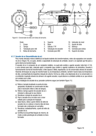 figura	9	–	Conservador	de	óleo	com	bolsa	de	borracha

             onde:                                  5.	   suporte                   10.	   Indicador	de	nível
             1.	 Corpo                              6.	   base                      11.	   ajuste	de	bóia
             2.	 tampa                              7.	   Válvula	1”ff              12.	   reforço
             3.	 tubulação	para	relé                8.	   tubulação	do	secador      13.	   Conexão	para	bolsa
             4.	 bolsa	de	borracha                  9.	   Conexão	para	INo          14.	   suporte	da	bolsa															

... Secador de ar (Desumidificador de ar)
  	 	 Para	manter	elevados	índices	dielétricos	do	líquido	isolante	dos	transformadores,	estes	são	equipados	com	secado-
       res	de	ar	(figura	10),	os	quais,	devido	a	capacidade	de	absorção	de	umidade,	secam	o	ar	aspirado	que	flui	para	a	
       parte	interna	do	transformador.
  	 	 o	secador	de	ar	é	composto	de	um	recipiente	metálico,	no	qual	está	contido	o	agente	secador	(vide	item	4.1.8),	
       e	uma	câmara	para	óleo,	colocada	após	o	recipiente	(que	contém	o	agente)	isolando-o	da	atmosfera.	Durante	o	
       funcionamento	normal	do	transformador,	o	óleo	aquece	e	dilata,	expulsando	o	ar	do	conservador	através	do	secador.	
       Havendo	diminuição	da	carga	do	transformador	ou	da	temperatura	ambiente,	também	haverá	baixa	da	temperatura	
       do	óleo,	acompanhada	da	respectiva	redução	do	volume.	forma-se,	então,	uma	depressão	de	ar	no	conservador	e	o	
       ar	ambiente	é	aspirado	através	da	câmara	e	do	agente	secador,	o	qual	absorve	a	umidade	contida	no	ar,	que	entrará	
       em	contato	com	o	óleo.	
  	 	 Para	a	instalação	do	secador	de	ar,	proceder	conforme	segue	(ver	também	figura	11):

    	 a)		retirar	o	tampão	localizado	na	ponta	do	tubo		
         	 apropriado,	localizado	no	conservador	de	óleo		
         	 (não	é	necessário	retirar	o	óleo	do	tanque);
    	 b)		retirar	a	tampa	superior	do	secador	de	ar	e	
    	 	 	 introduzir	a	sílica-gel	no	seu	interior;
    	 c)		recolocar	a	tampa	do	secador	de	ar;
    	 d)		fixar	o	secador	de	ar	no	tubo	com	o	visor	
    	 	 	 voltado	para	a	posição	de	inspeção;
    	 e)		após	fixá-lo,	retirar	a	parte	inferior	de	vidro	do		
         	 secador	de	ar	e	colocar	o	mesmo	óleo	do	trans	
         	 formador	até	a	indicação	em	vermelho;
    	 f)		 recolocar,	cuidadosamente,	a	parte	de	vidro	do		
         	 secador	de	ar;
    	 g)	 Certificar-se	da	perfeita	fixação	do	mesmo,	de		
         	 modo	a	evitar	penetração	de	umidade	no	trans	
         	 formador.




                                                                                                      figura	10

                                                                                                                             
 