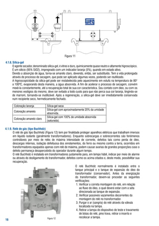 figura	11

... Sílica-gel
  	 o	agente	secador,	denominado	sílica-gel,	é	vítreo	e	duro,	quimicamente	quase	neutro	e	altamente	higroscópico.	
       É	um	silício	(95%	sio2),	impregnado	com	um	indicador	laranja	(5%),	quando	em	estado	ativo.
  	 Devido	a	absorção	de	água,	torna-se	amarelo	claro,	devendo,	então,	ser	substituído.	tem	a	vida	prolongada	
       através	de	processo	de	secagem,	que	pode	ser	aplicado	algumas	vezes,	podendo	ser	reutilizado.
  	 a	higroscopicidade	da	sílica-gel	pode	ser	restabelecida	pelo	aquecimento	em	estufa	na	temperatura	de	80°	
       a	100ºC,	evaporando	desta	maneira,	a	água	absorvida.	a	fim	de	acelerar	o	processo	de	secagem,	convém	
       mexê-la	constantemente,	até	a	recuperação	total	de	sua	cor	característica.	seu	contato	com	óleo,	ou	com	os	
       menores	vestígios	do	mesmo,	deve	ser	evitado	a	todo	custo	para	que	não	perca	sua	cor	laranja,	tingindo-se	
       de	 marrom,	 tornando-se	 inutilizável.	 após	 a	 regeneração,	 a	 sílica-gel	 deve	 ser	 imediatamente	 conservada	
       num	recipiente	seco,	hermeticamente	fechado.

        Coloração laranja             Sílica-gel seca
                                      Sílica-gel com aproximadamente 20% da umidade
        Coloração amarelo
                                      absorvida.
                                      Sílica-gel com 100% de umidade absorvida
        Coloração amarelo claro
                                      (saturada).

... Relé de gás (tipo Buchholz)
  	 o	relé	de	gás	tipo	buchholz	(figura	12)	tem	por	finalidade	proteger	aparelhos	elétricos	que	trabalham	imersos	
       em	 líquido	 isolante	 (geralmente	 transformadores).	 Enquanto	 sobrecargas	 e	 sobrecorrentes	 são	 fenômenos	
       controláveis	 por	 meio	 de	 relés	 de	 máxima	 intensidade	 de	 corrente,	 defeitos	 tais	 como	 perda	 de	 óleo,	
       descargas	internas,	isolação	defeituosa	dos	enrolamentos,	do	ferro	ou	mesmo	contra	a	terra,	ocorridos	em	
       transformadores	equipados	apenas	com	relé	de	máxima,	podem	causar	avarias	de	grandes	proporções	caso	o	
       defeito	permaneça	desapercebido	do	operador	durante	algum	tempo.
  	 o	relé	buchholz	é	instalado	em	transformadores	justamente	para,	em	tempo	hábil,	indicar	por	meio	de	alarme	
       ou	através	do	desligamento	do	transformador,	defeitos	como	os	acima	citados	e,	deste	modo,	possibilitar	sua	
       recuperação.
                                                             	 o	 relé	 buchholz	 normalmente	 é	 instalado	 entre	 o	
                                                                tanque	 principal	 e	 o	 tanque	 de	 expansão	 do	 óleo	 do	
                                                                transformador	 (conservador).	 antes	 da	 energização	
                                                                do	 transformador,	 devem-se	 proceder	 as	 seguintes	
                                                                verificações:
                                                              	 1.		 erificar	a	correta	montagem	do	relé,	em	relação		
                                                                    V
                                                                    ao	fluxo	do	óleo,	o	qual	deverá	estar	com	a	seta		
                                                                    direcionada	ao	tanque	de	expansão.
                                                              	 2.	Verificar	possíveis	vazamentos	decorrentes	da		
                                                                    montagem	do	relé	no	transformador.
                                                              	 3.	Purgar	o	ar	(sangria)	do	relé	através	da	válvula				
                                                                    localizada	na	tampa.
                                                              	 4.	retirar	a	tampa	do	dispositivo	de	teste	e	travamento		
                                                                    de	bóias	do	relé,	pino	trava,	retirar	o	inserto	e		
                                       figura	12                    recolocar	a	tampa.

 