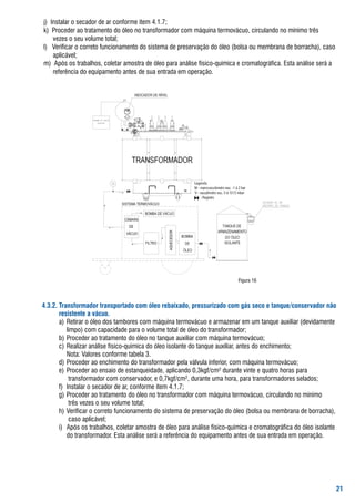 j)		Instalar	o	secador	de	ar	conforme	item	4.1.7;
k)		Proceder	ao	tratamento	do	óleo	no	transformador	com	máquina	termovácuo,	circulando	no	mínimo	três		
   		vezes	o	seu	volume	total;
l)			Verificar	o	correto	funcionamento	do	sistema	de	preservação	do	óleo	(bolsa	ou	membrana	de	borracha),	caso		
   		aplicável;
m)		após	os	trabalhos,	coletar	amostra	de	óleo	para	análise	físico-química	e	cromatográfica.	Esta	análise	será	a		
   		referência	do	equipamento	antes	de	sua	entrada	em	operação.




                                                                             figura	16




..2. Transformador transportado com óleo rebaixado, pressurizado com gás seco e tanque/conservador não
       resistente a vácuo.
       a)	 retirar	o	óleo	dos	tambores	com	máquina	termovácuo	e	armazenar	em	um	tanque	auxiliar	(devidamente		
           limpo)	com	capacidade	para	o	volume	total	de	óleo	do	transformador;
       b)	Proceder	ao	tratamento	do	óleo	no	tanque	auxiliar	com	máquina	termovácuo;
       c)	realizar	análise	físico-química	do	óleo	isolante	do	tanque	auxiliar,	antes	do	enchimento;
       	 Nota:	Valores	conforme	tabela	3.
       d)	Proceder	ao	enchimento	do	transformador	pela	válvula	inferior,	com	máquina	termovácuo;
       e)	 Proceder	ao	ensaio	de	estanqueidade,	aplicando	0,3kgf/cm²	durante	vinte	e	quatro	horas	para	
       	 	transformador	com	conservador,	e	0,7kgf/cm²,	durante	uma	hora,	para	transformadores	selados;
       f)	 Instalar	o	secador	de	ar,	conforme	item	4.1.7;
       g)	Proceder	ao	tratamento	do	óleo	no	transformador	com	máquina	termovácuo,	circulando	no	mínimo	
       	 	três	vezes	o	seu	volume	total;
       h)	Verificar	o	correto	funcionamento	do	sistema	de	preservação	do	óleo	(bolsa	ou	membrana	de	borracha),		
           	caso	aplicável;	
       i)	 após	os	trabalhos,	coletar	amostra	de	óleo	para	análise	físico-química	e	cromatográfica	do	óleo	isolante		
           do	transformador.	Esta	análise	será	a	referência	do	equipamento	antes	de	sua	entrada	em	operação.




                                                                                                                   2
 
