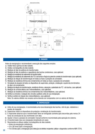 figura	17

                                                           . ENSAIOS

	   antes	da	energização	é	recomendável	a	execução	dos	seguintes	ensaios:
	   a)	 análise	físico-química	do	óleo	isolante;
	   b)	 análise	cromatográfica	do	óleo	isolante;
	   c)	 Medição	do	fator	de	potência	do	transformador,
	   d)	 Medição	do	fator	de	potência	e	capacitância	das	buchas	condensivas,	caso	aplicável;
	   e)	 Medição	da	resistência	de	isolamento	do	transformador;
	   f)	 Medição	da	resistência	do	isolamento	dos	tC’s	de	buchas	e	fiação	do	painel	de	controle	do	transformador	(caso	aplicável).
	   g)	 Medição	da	relação	de	transformação	em	todas	as	fases	e	posições	do	comutador;
	   h)	 Medição	da	resistência	ôhmica	dos	enrolamentos	em	todas	as	fases	e	posições	do	comutador;
	   i)	 simulação	da	atuação	de	todos	os	dispositivos	de	supervisão,	proteção,	sinalização	e	ajuste	dos	termômetros	
	   	 do	óleo	e	do	enrolamento;
	   j)	 Medição	da	relação	de	transformação,	resistência	ôhmica,	saturação	e	polaridade	dos	tC´s	de	buchas,	caso	aplicável;
	   k)	 Medição	de	corrente	elétrica	dos	motoventiladores,	caso	aplicável;
	   l)	 Medição	da	resistência	ôhmica	nos	enrolamentos	dos	motoventiladores,	caso	aplicável;
	   m)	Verificar	as	tensões	e	isolação	dos	circuitos	auxiliares	antes	de	sua	energização;
	   n)	 Verificar	sentido	de	rotação	dos	motoventiladores,	caso	aplicável;
	   	 Nota:	os	valores	obtidos	nos	ensaios	acima	deverão	ser	comparados	com	os	valores	de	fábrica.

                                                        . ENERGIZAÇÃO

	 a)	   antes	de	sua	energização,	é	recomendada	uma	nova	desaeração	das	buchas,	relé	de	gás,	radiadores	e		
	 	     janelas	de	inspeção;
	 b)	   Inspecionar	todos	os	dispositivos	de	proteção	e	sinalização	do	transformador;
	 c)	   É	importante	observar	que	o	transformador	deve	ser	energizado	somente	após	decorridas	pelo	menos	24		
	 	     horas	da	conclusão	do	seu	enchimento	com	óleo;
	 d)	   ajustar	e	travar	a	posição	do	comutador	manual	conforme	recomendado	pela	operação	do	sistema;
	 e)	   o	transformador	deve	ser	energizado	inicialmente	em	vazio;
	 f)	   recomenda-se	efetuar	análise	cromatográfica	do	óleo	isolante:
	 	     •	antes	da	energização	(referência);
	 	     •	24	a	36	horas	após	a	energização;
	 	     •	10	e	30	dias	após	a	energização	para	detecção	de	defeitos	incipientes	(utilizar	o	diagnóstico	conforme	Nbr-7274).
22
 