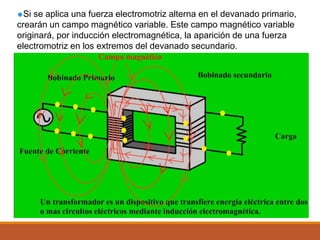 Si se aplica una fuerza electromotriz alterna en el devanado primario,
crearán un campo magnético variable. Este campo magnético variable
originará, por inducción electromagnética, la aparición de una fuerza
electromotriz en los extremos del devanado secundario.
 