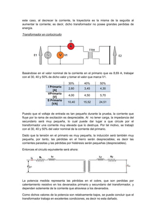 este caso, al decrecer la corriente, la trayectoria es la misma de la seguida al
aumentar la corriente; es decir, dicho transformador no posee grandes perdidas de
energía.
Transformador en cortocircuito
Basándose en el valor nominal de la corriente en el primario que es 8,69 A, trabajar
con el 30, 40 y 50% de dicho valor y tomar el valor que marca V1.
30% 40% 50%
I Primario
[A]
2,60 3,45 4,30
VPrimario
[V]
4,00 4,50 5,70
S Primario
[VA]
10,40 15,52 24,51
Puesto que el voltaje de entrada es tan pequeño durante la prueba, la corriente que
fluye por la rama de excitación es despreciable. Al no tener carga, la impedancia del
secundario será muy pequeña, lo cual puede dar lugar a que circule por el
transformador una corriente muy elevada que lo destruya. Por tal motivo, se trabajó
con el 30, 40 y 50% del valor nominal de la corriente del primario.
Dado que la tensión en el primario es muy pequeña, la inducción será también muy
pequeña, por tanto, las pérdidas en el hierro serán despreciables; es decir las
corrientes parasitas y las pérdidas por histéresis serán pequeñas (despreciables).
Entonces el circuito equivalente será ahora:
La potencia medida representa las pérdidas en el cobre, que son perdidas por
calentamiento resistivo en los devanados primario y secundario del transformador, y
dependen solamente de la corriente que atraviesa a los devanados.
Como dichos valores de la potencia son relativamente bajos, se puede concluir que el
transformador trabaja en excelentes condiciones, es decir no esta dañado.
 