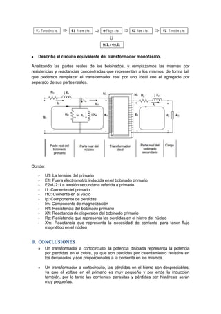 Describa el circuito equivalente del transformador monofásico.
Analizando las partes reales de los bobinados, y remplazamos las mismas por
resistencias y reactancias concentradas que representan a los mismos, de forma tal,
que podemos remplazar el transformador real por uno ideal con el agregado por
separado de sus partes reales.
Donde:
- U1: La tensión del primario
- E1: Fuera electromotriz inducida en el bobinado primario
- E2=U2: La tensión secundaria referida a primario
- I1: Corriente del primario
- I10: Corriente en el vacío
- Ip: Componente de perdidas
- Im: Componente de magnetización
- R1: Resistencia del bobinado primario
- X1: Reactancia de dispersión del bobinado primario
- Rp: Resistencia que representa las perdidas en el hierro del núcleo
- Xm: Reactancia que representa la necesidad de corriente para tener flujo
magnético en el núcleo
8. CONCLUSIONES
Un transformador a cortocircuito, la potencia disipada representa la potencia
por perdidas en el cobre, ya que son perdidas por calentamiento resistivo en
los devanados y son proporcionales a la corriente en los mismos.
Un transformador a cortocircuito, las pérdidas en el hierro son despreciables,
ya que el voltaje en el primario es muy pequeño y por ende la inducción
también, por lo tanto las corrientes parasitas y pérdidas por histéresis serán
muy pequeñas.
 