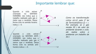 Importante lembrar que:
B
TA
B
V
T
A
Quando o ciclo estiver
orientado no SENTIDO
HORÁRIO, isto indica que o
trabalho realizado pelo gás é
maior que o recebido. Dessa
forma ciclo no sentido horário
indica   0.
Quando o ciclo estiver
orientado no SENTIDO ANTI-
HORÁRIO, isto indica que o
trabalho realizado pelo gás é
menor que o recebido. Dessa
forma ciclo no sentido anti-
horário indica   0. V
P
P
Como na transformação
cíclica U=0, pela 1ª lei
da Termodinâmica Q = .
Por exemplo, se o gás
recebe 50 J de calor do
ambiente durante o ciclo,
ele realiza sobre o
ambiente um trabalho de
50 J.
 