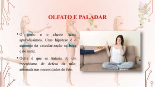 OLFATO E PALADAR
• O gosto e o cheiro ficam
apuradíssimos. Uma hipótese é o
aumento da vascularização na boca
e no nariz.
• Outra é que se trataria de um
mecanismo de defesa da mãe,
antenada nas necessidades do feto.
 