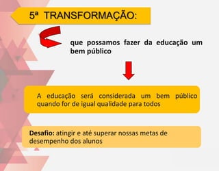 5ª TRANSFORMAÇÃO:

             que possamos fazer da educação um
             bem público




  A educação será considerada um bem público
  quando for de igual qualidade para todos


Desafio: atingir e até superar nossas metas de
desempenho dos alunos
 