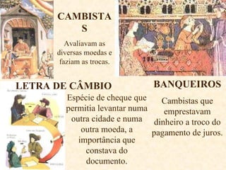 CAMBISTAS Avaliavam as diversas moedas e faziam as trocas. BANQUEIROS Cambistas que emprestavam dinheiro a troco do pagamento de juros. LETRA DE CÂMBIO Espécie de cheque que permitia levantar numa outra cidade e numa outra moeda, a importância que constava do documento. 