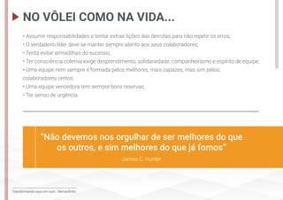 Transformando suor em ouro - Bernardinho
• Assumir responsabilidades e tentar extrair lições das derrotas para não repetir os erros;
• O verdadeiro líder deve se manter sempre atento aos seus colaboradores;
• Tenta evitar armadilhas do sucesso;
• Ter consciência coletiva exige desprendimento, solidariedade, companheirismo e espírito de equipe;
• Uma equipe nem sempre é formada pelos melhores, mais capazes, mas sim pelos;
colaboradores certos;
• Uma equipe vencedora tem sempre bons reservas;
• Ter senso de urgência.
NO VÔLEI COMO NA VIDA...
“Não devemos nos orgulhar de ser melhores do que
os outros, e sim melhores do que já fomos”
James C. Hunter
 