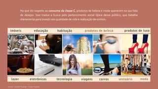 No que diz respeito ao consumo da classe C, produtos de beleza e moda aparecem na sua lista
de desejos. Isso traduz a busca pelo pertencimento social típica desse público, que batalha
diariamente para investir em qualidade de vida e realização de sonhos.
Fonte: Dossiê Popular | Data Popular
 
