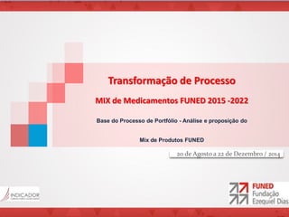 Transformação de Processo
MIX de Medicamentos FUNED 2015 -2022
Base do Processo de Portfólio - Análise e proposição do
Mix de Produtos FUNED
20 de Agosto a 22 de Dezembro / 2014
 