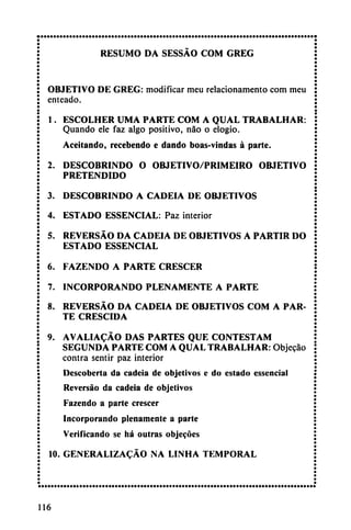 RESUMO DA SESSÁO COM GREG
OBJETIVO DE GREG: modificar meu relacionamento com meu
enteado.
1. ESCOLHER UMA PARTE COM A QUAL TRABALHAR:
Quando ele faz algo positivo, nao o elogio.
Aceitando, recebendo e dando boas-vindas á parte.
2. DESCOBRINDO O OBJETIVO/PRIMEIRO OBJETIVO
PRETENDIDO
3. DESCOBRINDO A CADEIA DE OBJETIVOS
4. ESTADO ESSENCIAL: Paz interior
5. REVERSÁO DA CADEIA DE OBJETIVOS A PARTIR DO
ESTADO ESSENCIAL
6. FAZENDO A PARTE CRESCER
7. INCORPORANDO PLENAMENTE A PARTE
8. REVERSÁO DA CADEIA DE OBJETIVOS COM A PAR
TE CRESCIDA
9. AVALIACÁO DAS PARTES QUE CONTESTAM
SEGUNDA PARTE COM A QUAL TRABALHAR: Objecao
contra sentir paz interior
Descoberta da cadeia de objetivos e do estado essencial
Reversao da cadeia de objetivos
Fazendo a parte crescer
Incorporando plenamente a parte
Verificando se há outras objecóes
10. GENERALIZACÁO NA LINHA TEMPORAL
116
 