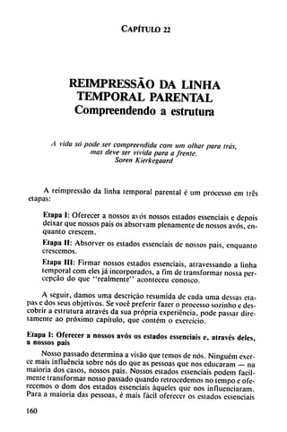 Capítulo 22
REBMPRESSÁO DA LINHA
TEMPORAL PARENTAL
Compreendendo a estrutura
A vida só pode ser compreendida com uní olhar para tras,
mas deve ser vivida para a frente.
Soren Kierkegaard
A reimpressao da Hnha temporal parental é um processo cm tres
etapas:
Etapa I: Oferecer a nossos avós nossos estados essenciais e depois
deixar que nossos pais os absorvam plenamente de nossos avós, en-
quanto crescem.
Etapa II: Absorver os estados essenciais de nossos pais, enquanto
crescemos.
Etapa III: Firmar nossos estados essenciais, atravessando a linha
temporal com eles já incorporados, a fim de transformar nossa per-
cepcao do que "realmente" aconteceu conosco.
A seguir, damos urna descricáo resumida de cada urna dessas eta
pas e dos seus objetivos. Se vocé preferir fazer o processo sozinho e des-
cobrir a estrutura através da sua própria experiencia, pode passar dire-
tamente ao próximo capítulo, que contém o exercício.
Etapa I: Oferecer a nossos avós os estados essenciais e, alravés deles
a nossos pais '
Nosso passado determina a visáo que temos de nos. Ninguém exer-
ce mais influencia sobre nos do que as pessoas que nos educaram — na
maioria dos casos, nossos pais. Nossos estados essenciais podem fácil
mente transformar nosso passado quando retrocedemos no tempo e ofe-
recemos o dom dos estados essenciais aqueles que nos influenciaran!.
Para a maioria das pessoas, é mais fácil oferecer os estados essenciais
160
 