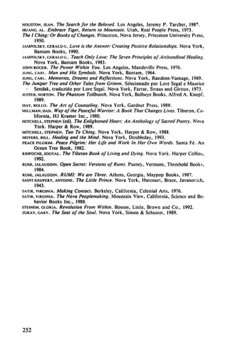 houston. jean. The Searchfor the Beloved. Los Angeles, Jeremy P. Tarcher, 1987.
huang, al. Embrace Tiger, Relurn lo Mountain. Utah, Real People Press, 1973.
The I Ching: Or Books o/Changes. Princeton, Nova Jersey, Princeton University Press,
19S0.
ja.mpolsky, gerald g. Love is the Answer: Crealing Positive Relationships. Nova York,
Bantam Books, 1990.
jampolsky. cerai.u c. Teach Only Love: The Seven Principies of Attitundinal Heating.
Nova York, Bantam Books, 1983.
johnroger. The Power Within You. Los Angeles, Mandeville Press, 1976.
juno. cari.. Man and His Symbols. Nova York, Bantam, 1964.
jung. cahi.. Memories, Dreams and Reflections. Nova York, Random-Vantage, 1989.
The Juniper Tree and Other Tales from Grimm. Selecionado por Lore Segal e Maurice
Sendak, traduzido por Lore Segal. Nova York, Farrar, Straus and Giroux, 1973.
juster, norton. The Phantom Tollboolh. Nova York, Bullseye Books, Alfred A. Knopf,
1989.
may. rollo. The Art of Counseling. Nova York, Gardner Press, 1989.
millman. dan. Way of the Peaceful Warrior: A Book That Changes Uves. Tiburón, Ca
lifornia, HJ Kramer Inc, 1980.
mitchell. stephen (ed). The Ertlightened Hearl: An Anthology o/Sacred Poetry. Nova
York. Harper & Row, 1989.
mitchell. stephen. Tao Te Ching. Nova York, Harper & Row, 1988.
moyers, bill. Healing and the Mind. Nova York, Doubleday, 1993.
peace pilgrim. Peace Pilgrim: Her Life and Work ln Her Own Words. Santa Fé. An
Ocean Tree Book, 1982.
rinpoche.sogyal. The Tibetan Book of Living and Dying. Nova York. Harper Collins,
1992.
rumi. jalauddin. Open Secret: Versions of Rumi. Pumcy, Vermont, Threshold Books,
1984.
rumi, jalauddin. RUMI: We are Three. Athens, Georgia, Maypop Books, 1987.
saint-exupery. antoine. The Litlle Prince. Nova York, Harcourt, Brace, Javanovieh,
1943.
satir, Virginia. Making Contad. Berkeley, California, Celestial Arts, 1976.
satir, Virginia. The Nova Peoplemaking. Mountain View, California, Science and Be-
havior Books Inc, 1988.
steinem. gloria. Revolution From Within. Bostón, Little, Brown and Co., 1992.
zukav. gary. The Seat of the Sout. Nova York, Simón & Sehuster, 1989.
252
GRUPO PROVISÃO ESTUDA MECÂNICA
QUANTICA , LEI DA ATRAÇÃO , PNL
AUTOCONHECIMENTO
WHATZAPP ´: 65 9 9632 0674
 