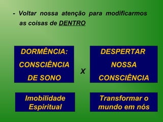 - Voltar nossa atenção para modificarmos
 as coisas de DENTRO



  DORMÊNCIA:              DESPERTAR
 CONSCIÊNCIA                 NOSSA
                    X
    DE SONO              CONSCIÊNCIA

   Imobilidade           Transformar o
    Espiritual           mundo em nós
 