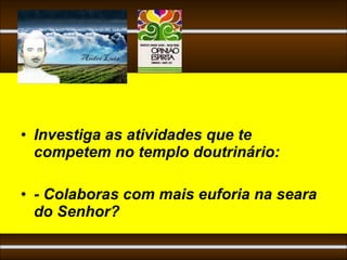 • Investiga as atividades que te
  competem no templo doutrinário:

• - Colaboras com mais euforia na seara
  do Senhor?
 